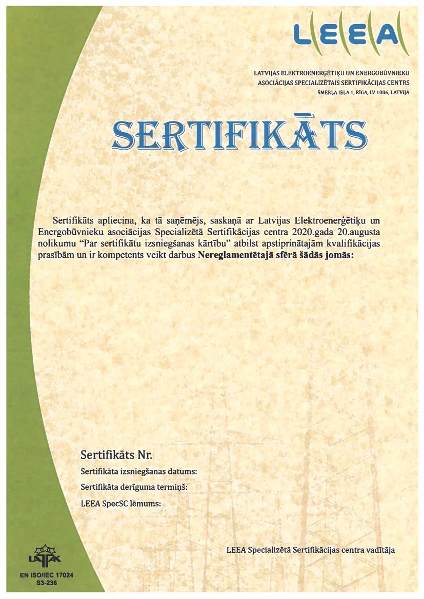 Sertifikāts (1. variants) — paraugs (Nereglamentētā sfērā)