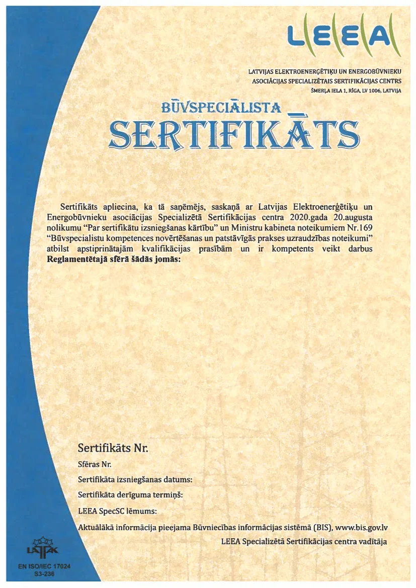 Būvspeciālista sertifikāts (1. variants) — paraugs (Reglamentētā sfērā)