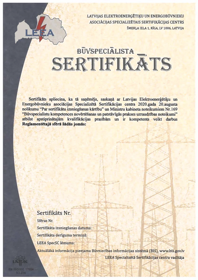 Būvspeciālista sertifikāts (2. variants) — paraugs (Reglamentētā sfērā)
